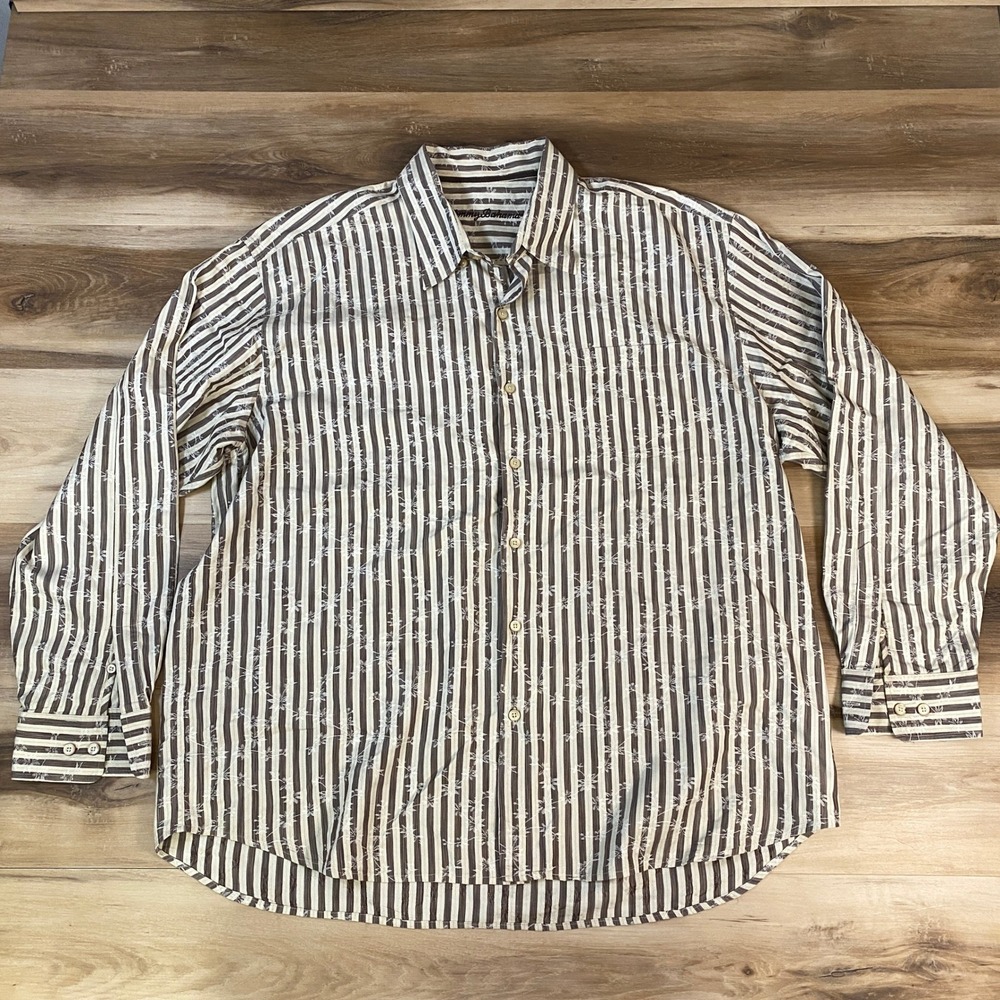 Tommy Bahama Button Up Men XXL Coastal Silk Blend Striped Floral Brown Heritage